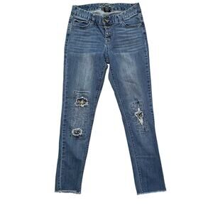 Ariya Button Fly Denim Blue Jeans Distressed Floral Patch Women's Size 7/8